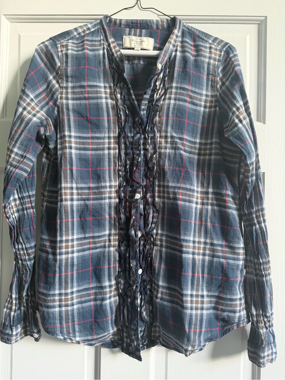 Abercrombie & Fitch Blue Plaid Ruffle-Front Button Down Shirt